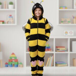 🐝 FUNTIME Bee Halloween Costume Kids Size M 10-12 yo Fleece Jumpsuit Pajamas